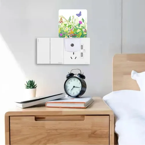 Vista 5 de Luz nocturna LED con diseño de mariposa de primavera, con sensor de atardecer a amanecer, luces nocturnas con sensor automático de flores silvestres