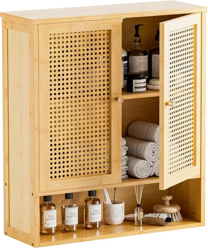 Vista 8 de HITNET Gabinete de baño montado en la pared, gabinete colgante de ratán, gabinete de pared de baño que ahorra espacio con 2 puertas y estantes Negro