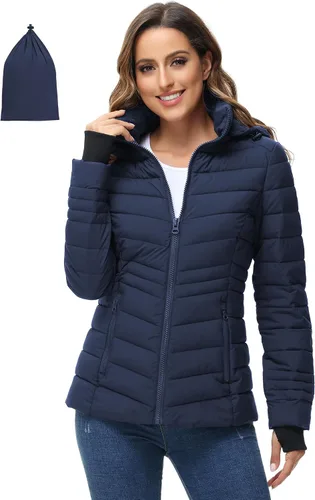 Vista 9 de ROYAL MATRIX Chaqueta acolchada plegable para mujer, chaqueta acolchada ligera para invierno, cálida chaqueta acolchada con capucha desmontable Negro