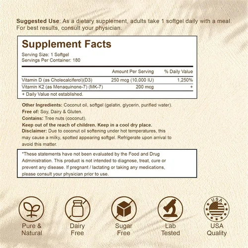 Vista 2 de Suplemento de vitamina D3 K2 2 en 1 Softgel, vitamina D3 10000 UI y vitamina K2 200 mcg, K2 MK7 con suplemento de vitamina D3 que apoya la salud
