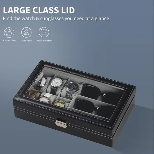 Vista 6 de AUTOARK AW-004 - Caja de cuero para 6 relojes y 3 lentes y gafas de sol con organizador de joyas, cajas de almacenamiento para hombre y mujer, tapa