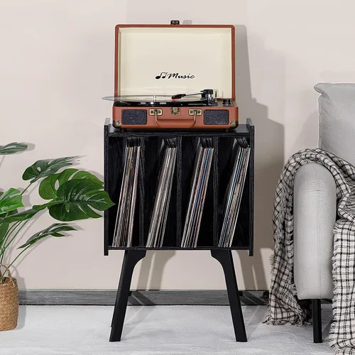 Vista 5 de LELELINKY - Soporte para tocadiscos de 11.7 pulgadas de ancho, mesa de almacenamiento para discos de vinilo color negro con 4 gabinetes, almacena