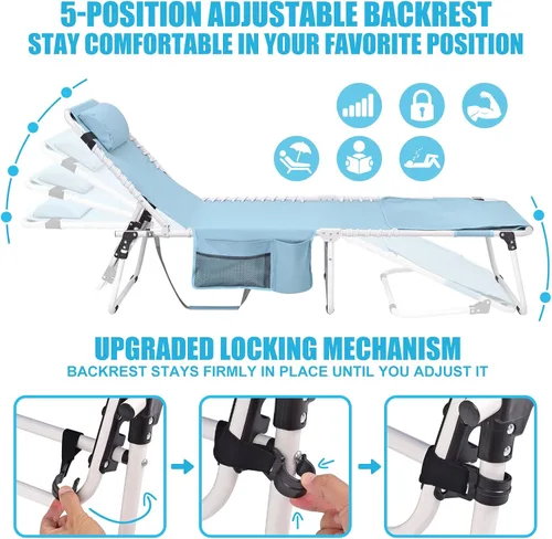 Vista 5 de Silla de bronceado resistente con orificio facial, ajustable, 5 posiciones, tumbonas plegables para exteriores, portátiles, planas, para la playa