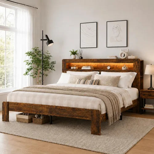 Vista 8 de Marco de Cama de Madera Tamaño Full con Cabecera de Almacenamiento, Marco de Cama de Plataforma Estilo Granja con Estante de Librería y Luces LED