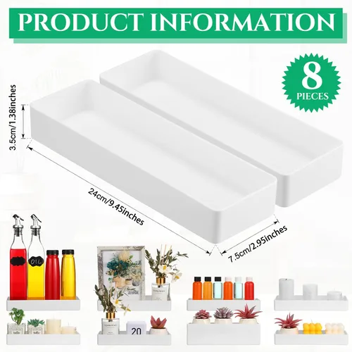 Vista 2 de Teling Organizador de cajones de escritorio de plástico, 8 unidades, rectangular, 9.45 x 2.95 x 1.38 pulgadas, medio accesorio, bandeja de papel