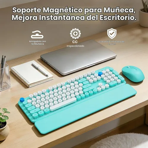 Vista 2 de Combo de teclado y mouse inalámbricos con reposamuñecas magnético, teclas redondas, teclado retro de tamaño completo, patas inclinables de dos Azul