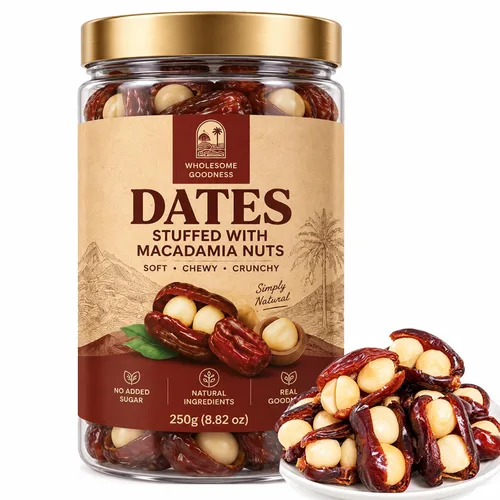 Vista 7 de Dátiles premium rellenos de nueces de macadamia, dátiles masticables suaves en caja con nueces de macadamia crujientes, sin azúcar añadido