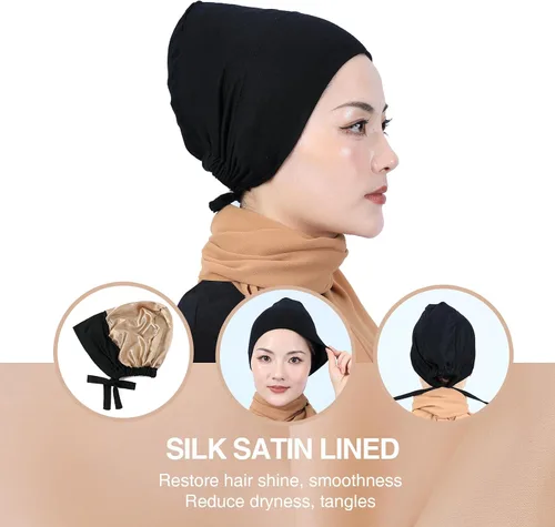 Vista 2 de Gorro de hiyab con forro de satén de seda, bufanda antideslizante de alta calidad, ajuste ajustable a tu gusto