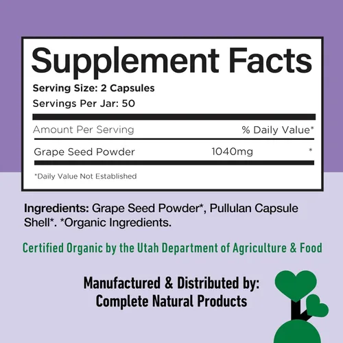 Vista 6 de Cápsulas orgánicas de semillas de uva – 520 mg, 100 unidades – polifenoles y antioxidantes OPC