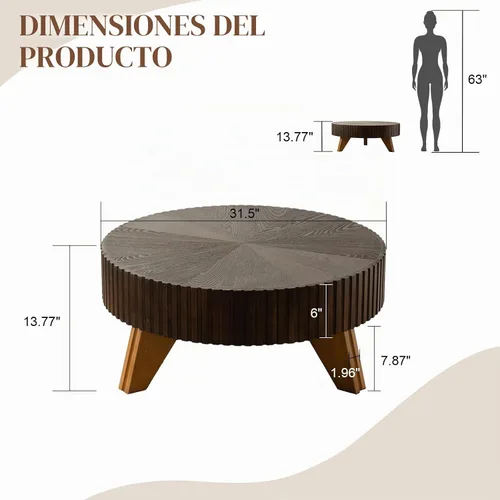 Vista 2 de Mesa de centro redonda de madera de 31.5 pulgadas, mesa de centro circular pequeña para sala de estar, mesa central acanalada única de mediados