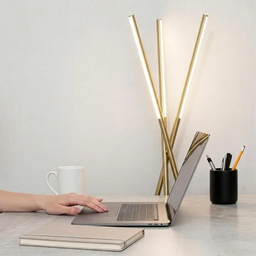 Vista 6 de Brightech Stix - Lámpara de pie LED con trípode para sala de estar, lámpara de pie moderna regulable, con 3 luces para dormitorio, iluminación Latón