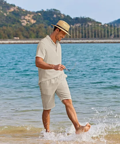 Vista 2 de COOFANDY Conjunto de 2 piezas de lino para hombre, camisas Henley casuales de manga corta, pantalones cortos de yoga para la playa, pantalones