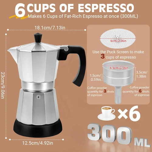Vista 5 de Cafetera Moka Eléctrica de Aluminio Plateado, Cafetera de Espresso de 3 o 6 Tazas con Placa de Reducción de Dosis