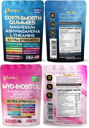 Vista 8 de Paquete de gomitas calmantes y lisas: suplemento de cortisol y mio-inositol con D-Chiro inositol, berberina, magenesio, ashwagandha, L-teanina