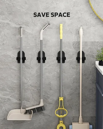 Vista 2 de Soporte de Escoba para Montaje en Pared (Negro 4 Unidades), Soporte de Escoba, Organizador de Escoba y Fregona para Colgar en la Pared, Soporte