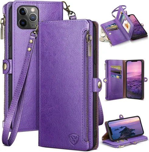 Vista 11 de XcaseBar Funda tipo cartera para iPhone 11 Pro Max de 6.5 pulgadas con cremallera y tarjetero de crédito [bloqueo RFID], funda de piel sintética