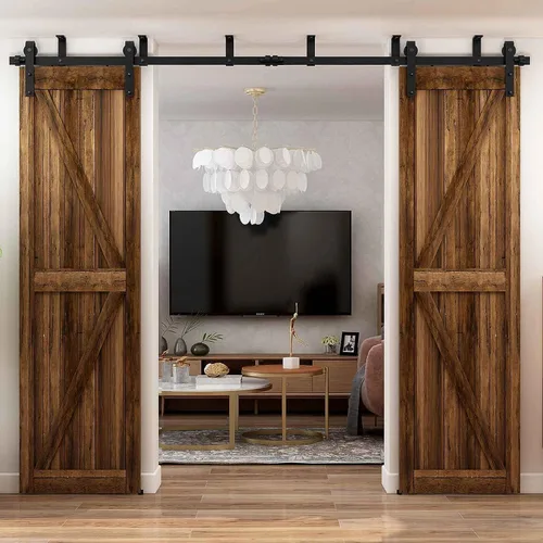 Vista 12 de CCJH Kit de herrajes para puerta corrediza de granero de 4 pies, sistema de soporte en forma de L de techo bajo para puerta de madera individual
