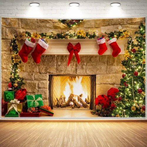 Vista 7 de Telón de fondo de diseño de chimenea de Navidad con decoraciones de regalos, árbol y calcetines (7 x 5 pies), suave, duradero, para sesión de fotos