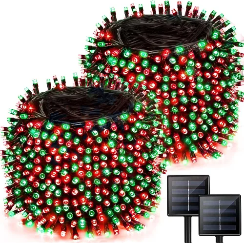 Vista 8 de Paquete de 2 tiras de luces solares de 480 LED para exteriores, luces solares súper largas de Navidad de 170 pies para exteriores con 8 modos