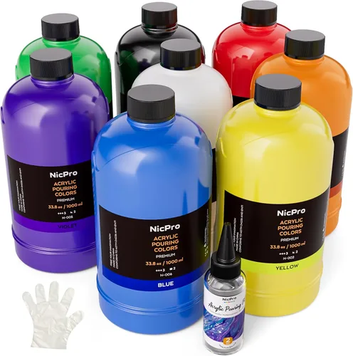 Vista 9 de Nicpro Juego de pintura acrílica para verter de 14 colores en gran cantidad (1000 ml, 33.8 oz) Kit de suministros de pintura acrílica premezclada