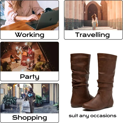 Vista 7 de katliu Botas holgadas de media pantorrilla, botas planas con cremallera para mujer