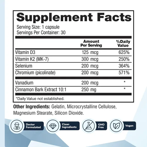 Vista 3 de CinnaChroma Cápsulas – Suplementos de canela con extracto 10:1, cromo, vanadio, selenio, vitamina D3 y K2 – Bloqueador natural de azúcar – 30