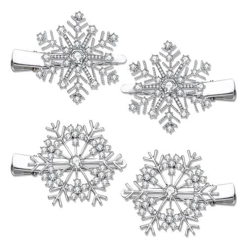 Vista 6 de PHALIN Pinzas para el cabello de Navidad para mujer, corona de copos de nieve, campanas de reno, horquillas para el pelo con diamantes de imitación