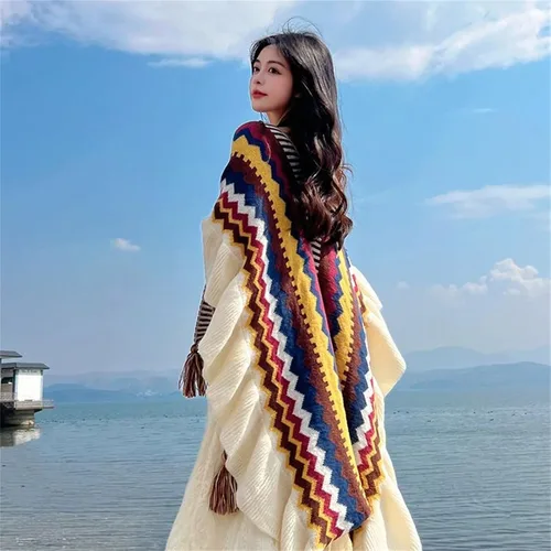 Vista 5 de SXLINGDO Poncho cruzado frontal tipo suéter de punto elegante capa de chales, cárdigan bohemio con borla para mujer