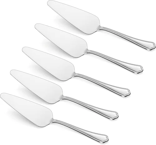 Vista 8 de E-far Servidor de pastel de 5 piezas, cortador de espátula de acero inoxidable para pasteles y queso pizza, borde dentado con mango ovalado, pulido