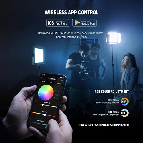 Vista 5 de NEEWER Paquete de 2 luces LED de video RGB1200 con control de aplicación/2.4G, kit de iluminación clave con soportes de trípode y bolsa