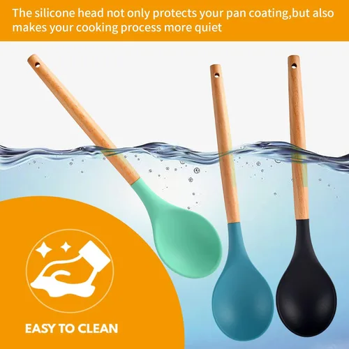 Vista 6 de 3 cucharas grandes de silicona para mezclar con mango de madera, antiadherentes, resistentes al calor, herramientas de mezcla de cocina