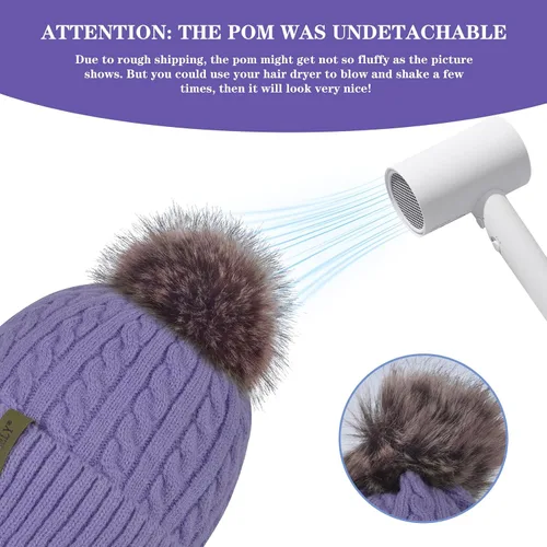 Vista 5 de Gorro de punto con pompón para mujer, gorro de invierno cálido con forro polar para mujer