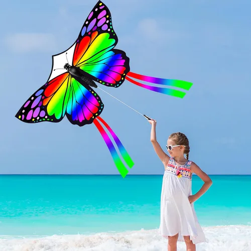 Vista 7 de Mariposa enorme cometa para niños y adultos, cuerda de una sola línea con cola fácil de volar para viajes a la playa, parque, juegos y actividades