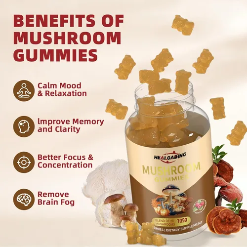 Vista 3 de Gomitas de hongos con melena de león y cordyceps - Apoyo inmunológico, salud cerebral y mejora de la memoria - Complejo de hongos veganos