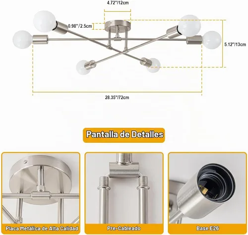 Vista 4 de Candelabros Sputnik modernos de 6 luces, lámparas de araña de techo semiempotradas de plata de mediados del siglo XX con base E26, lámpara Plateado
