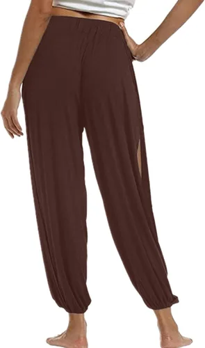 Vista 3 de NAMTYQX Pantalones harén de hendidura alta para mujer, pantalones de yoga hippie con abertura lateral, pantalones deportivos para entrenamiento