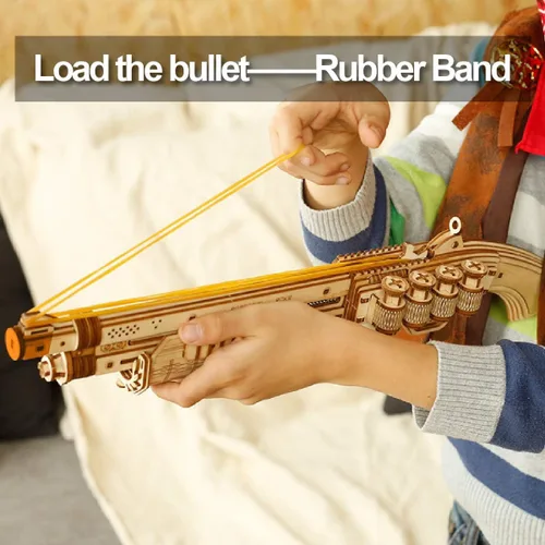 Vista 5 de ROKR Rompecabezas de madera 3D, juguetes de construcción de bricolaje, modelo mecánico, juego multijugador con objetivos de madera y bandas de goma