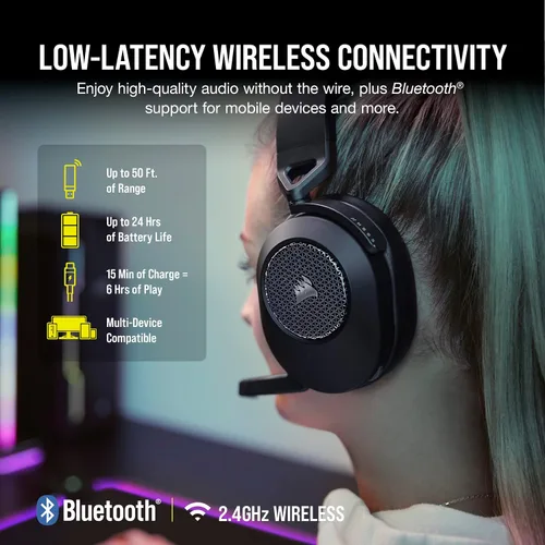 Vista 2 de Corsair HS65 - Auriculares inalámbricos multiplataforma para juegos con Bluetooth - Audio Dolby 7.1 - Micrófono omnidireccional - Compatible