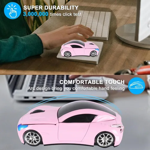 Vista 3 de Ratón inalámbrico lindo deportivo rosa ratones de coche, pequeños ratones portátiles ópticos ligeros para niñas, divertido regalo para la oficina