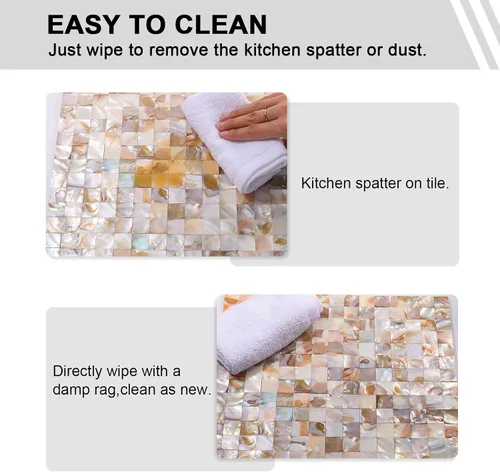 Vista 3 de 1 hoja de azulejos de conchas de perlas para despegar y pegar, azulejos de pared autoadhesivos para cocina, baño, dormitorio