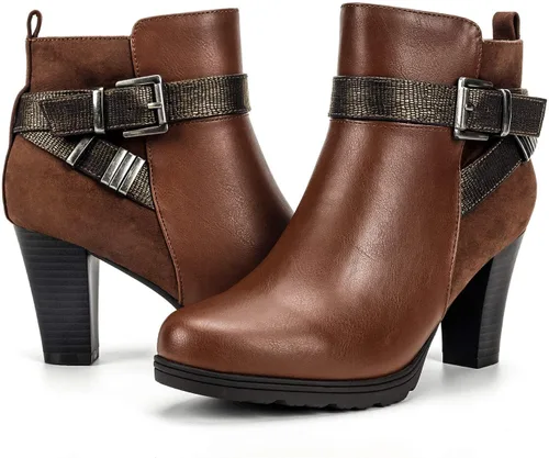 Vista 8 de mysoft - Botines de mujer con cremallera, tacón grueso apilado, botas de tobillo con hebilla y correa en el tobillo Marrón (Brown Buckle)