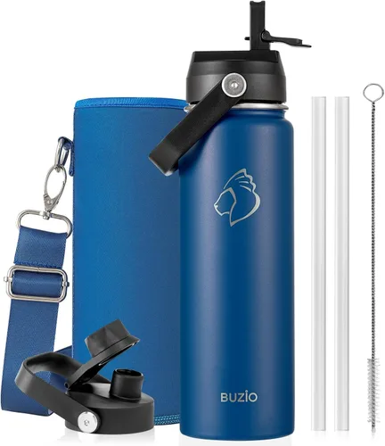 Vista 93 de BUZIO Botella de agua aislada de 24 oz, frasco de agua de boca ancha de acero inoxidable con tapa de pajita, frío durante 48 horas a prueba de Negro