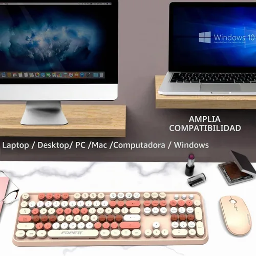 Vista 3 de FD Combo de teclado y mouse inalámbricos, bonito teclado y mouse coloridos con teclado retro inalámbrico de 2.4 GHz, apagado automático, receptor