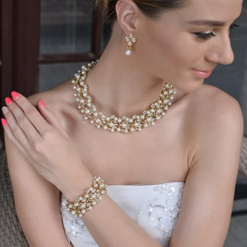 Vista 2 de EVER FAITH Austrian Crystal Bridal Cream Simulated Pearl Leaf Luxury Necklace Earrings Bracelet Set