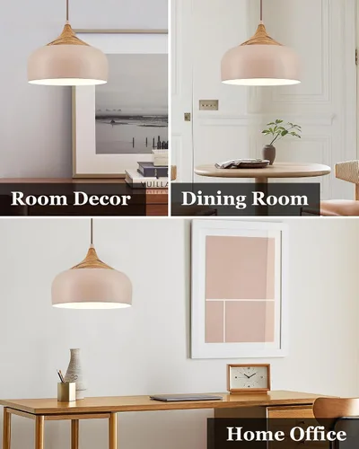 Vista 6 de ELYONA Lámpara colgante japonesa moderna de 12 pulgadas para isla de cocina, lámpara colgante de granja con pantalla de metal de grano de madera