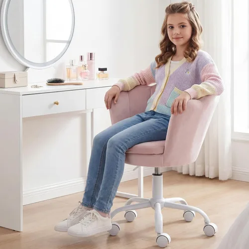 Vista 11 de Silla de escritorio de terciopelo para niños, bonita silla de computadora moderna tapizada, con brazo giratorio, silla de tocador ajustable