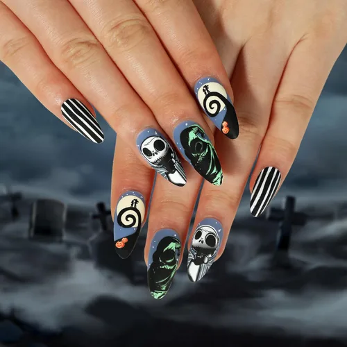 Vista 11 de Uñas postizas a presión de Halloween, uñas postizas de almendra, cobertura completa, uñas postizas rojas con diseños de gotas de sangre, punta 14