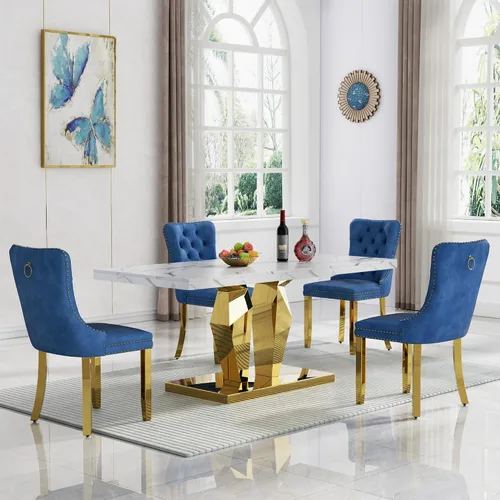 Vista 24 de Juego de 5 mesas de comedor de mármol sintético, juego de mesa de cocina y comedor para 4, mesa de comedor rectangular blanca de 70 pulgadas