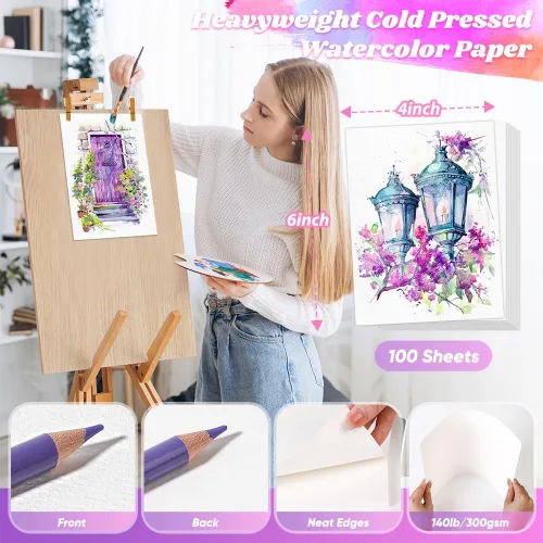 Vista 2 de 100 hojas de papel de acuarela, papel de color agua blanca de 4 x 6 pulgadas, 140 libras/10.58 oz/m², papel de color agua de prensa en frío