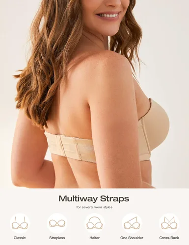 Vista 5 de Deyllo Sujetadores sin tirantes para mujer, talla grande, con varillas, cobertura completa, copa moldeada, brasier multisentido